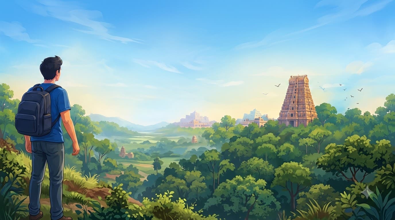 Student with a backpack looking at a Tamil temple gopuram